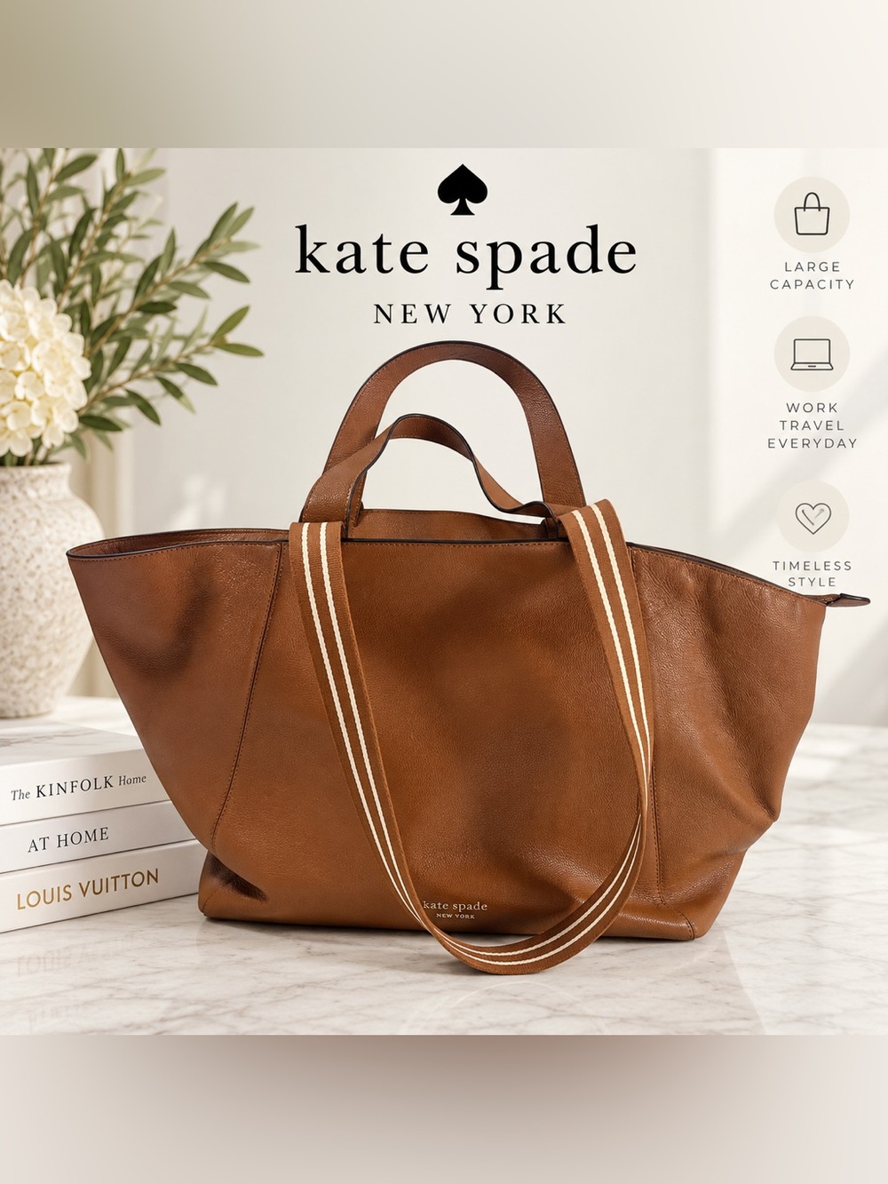 Kate Spade New York Brown Large Tote Bag Striped Strap Shoulder Handbag